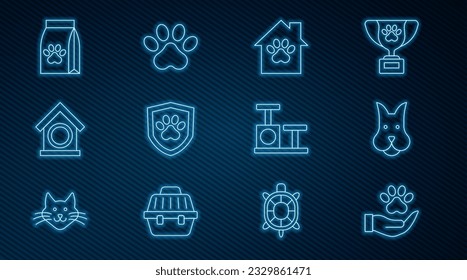 Set line Hands with animals footprint, Dog, Pet house, Animal health insurance, Bag of food for pet, Cat scratching post toy and Paw icon. Vector