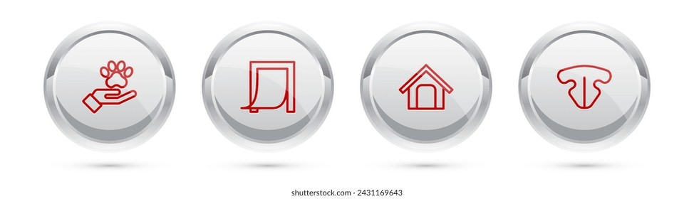 Set line Hands with animals footprint, Door for pet, Dog house and Cat nose. Silver circle button. Vector