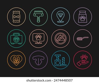 Manos con la huella de los animales, Cepillo de pelo para el gato del perro, Nariz de gato, Locación del hospital veterinario, Kit de primeros auxilios para mascotas, Bolsa de alimentos para mascotas, Sin caca e ícono. Vector