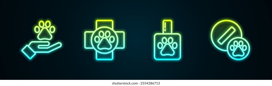 Set line Hands with animals footprint, Veterinary clinic, Pet shampoo and Dog pill. Glowing neon icon. Vector