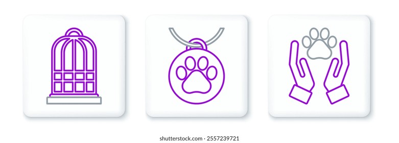 Set line Hands with animals footprint, Cage for birds and Collar name tag icon. Vector