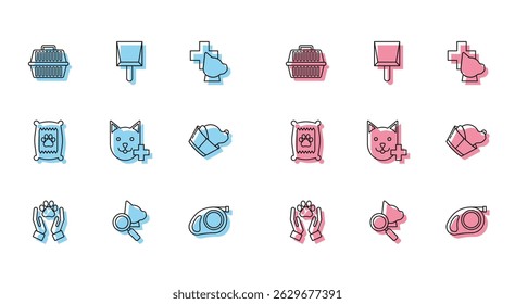 Set line Mãos com pegada dos animais, símbolo da clínica veterinária, Maleta de transporte de animais de estimação, Carabiner de coleira de cordão retrátil, Saco de comida para cão e ícone Dustpan. Vetor