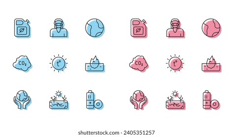 Set line Hands holding Earth globe, Drought, Bio fuel canister, Battery, Sun, Iceberg, CO2 emissions cloud and Face protective mask icon. Vector