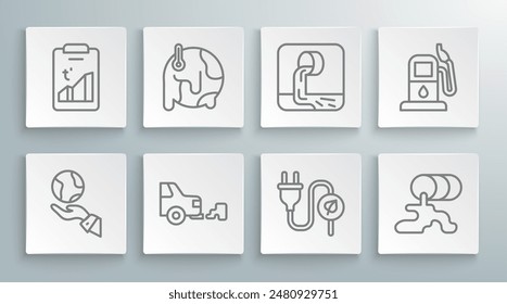 Manos sosteniendo el globo de la Tierra, calentamiento global, escape del coche, hoja de enchufe de ahorro eléctrico, fuga de petróleo del barril, aguas residuales, gasolinera o gasolinera e icono. Vector