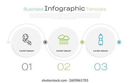 Set line Hands holding Earth globe, Cloud with rain and Bottle of water. Business infographic template. Vector
