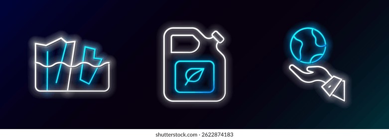 Set line Hands holding Earth globe, Glacier melting and Bio fuel canister icon. Glowing neon. Vector