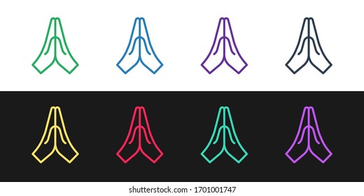 Set line Hands in praying position icon isolated on black and white background. Prayer to god with faith and hope. Vector Illustration