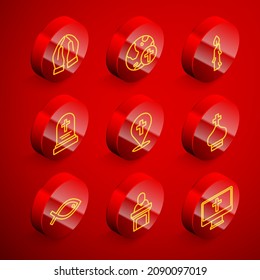 Set line Hands in praying position, Christian cross with globe, Burning candle, Grave tombstone, Location church building, tower, fish symbol and Church pastor preaching icon. Vector