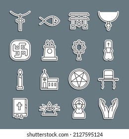 Set line Hands in praying position, Orthodox jewish hat with sidelocks, Priest, Japan Gate, Stage stand or tribune, Jainism, Christian cross chain and Rosary beads religion icon. Vector