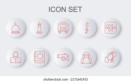 Set line Hands in praying position, Muslim man, Holy book of Koran, woman niqab, Mosque, tower minaret,  and Ramadan cannon icon. Vector