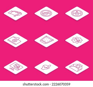 Set line Hände in betenden Position, kein Wasser, Alkohol, Octagonal Stern, Glas mit, Kaaba Moschee, und Symbol. Vektorgrafik