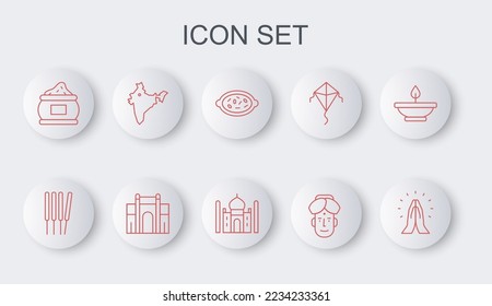 Set line Hands in praying position, Aroma sticks, incense, Kheer bowl, Indian man, spice, map, Gate Delhi and Taj Mahal icon. Vector