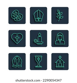 Set line Hands in praying position, Christian chalice, Church building, Willow leaf, Burning candle candlestick, cross heart, bread and Nun icon. Vector