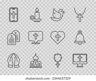 Set line Hands in praying position, Christian cross monitor, Dove, Church building, phone, Location church, Rosary beads religion and bell icon. Vector