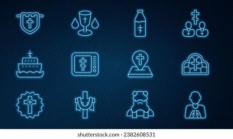 Set line Hands in praying position, Stained glass, Holy water bottle, Online church pastor preaching, Ark of noah, Flag with christian cross, Location building and Christian chalice icon. Vector