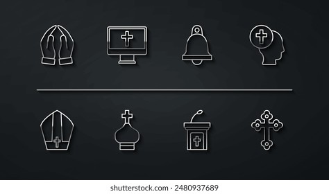 Set line Hands in praying position, Pope hat, Priest, Church sermon tribune, Christian church tower, cross monitor,  and bell icon. Vector