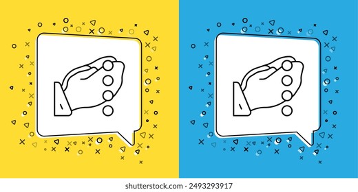 Set line Hands in praying position with rosary icon isolated on yellow and blue background. Praying hand islam muslim religion spirituality religious.  Vector