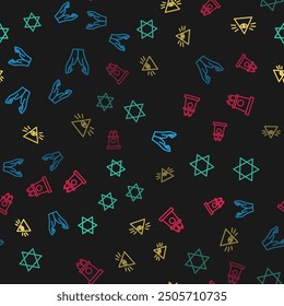 Set line Hands in praying position, Star of David, Masons and Stage stand or tribune on seamless pattern. Vector