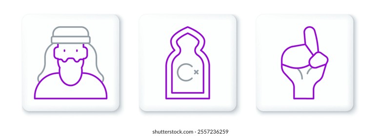 Set line Hands in praying position, Muslim man and Mosque icon. Vector