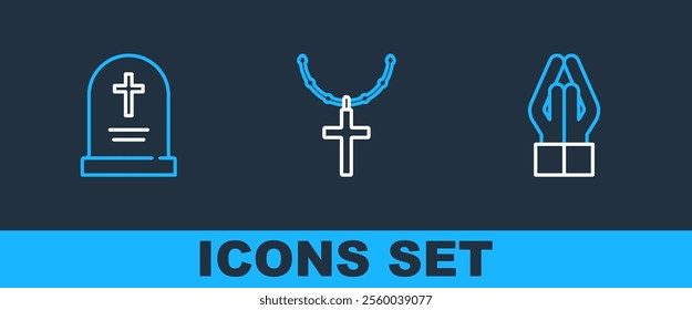 Set line Hands in praying position, Tombstone with cross and Christian chain icon. Vector