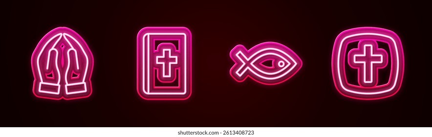 Set line Hands in praying position, Holy bible book, Christian fish symbol and cross. Glowing neon icon. Vector