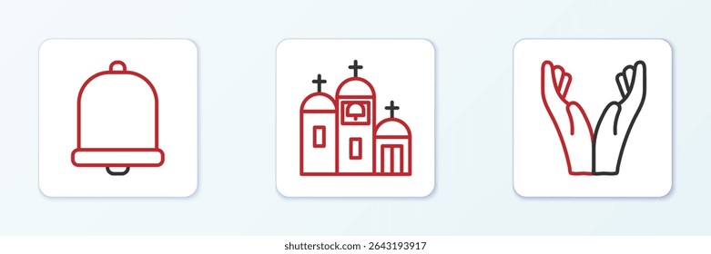 Set line Hands in praying position, Church bell and building icon. Vector