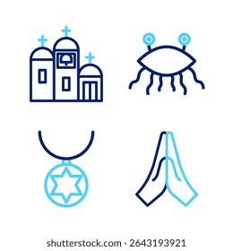 Set line Hands in praying position, Star of David necklace chain, Pastafarianism and Church building icon. Vector