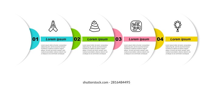 Set line Hands in praying position, Stack hot stones, Jainism and Rosary beads religion. Business infographic template. Vector