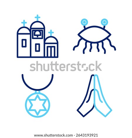 Set line Hands in praying position, Star of David necklace chain, Pastafarianism and Church building icon. Vector