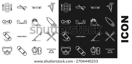 Set line Hang glider, Crossed paddle, Surfboard, Skateboard, park, trick, Rafting boat and Bicycle on street ramp icon. Vector
