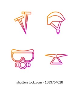 Set line Hang glider, Diving mask, Pegs for tents and Bicycle helmet. Gradient color icons. Vector