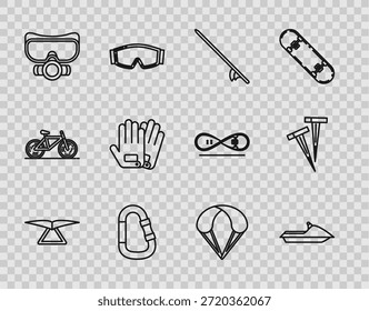 Set line Hängegleiter, Jet Ski, Surfboard, Karabiner, Tauchmaske, Handschuhe, Fallschirm und Zelte Symbol. Vektorgrafik