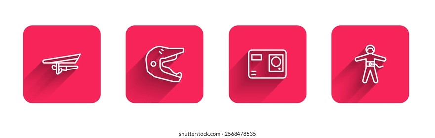 Set line Hang glider, Motocross motorcycle helmet, Action extreme camera and Bungee jumping with long shadow. Red square button. Vector