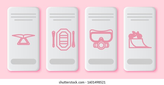 Set line Hang glider, Rafting boat, Diving mask and Bicycle on street ramp. White rectangle button. Vector