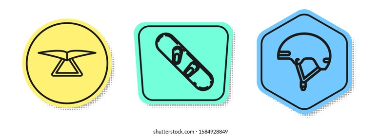 Set line Hang glider, Snowboard and Helmet. Colored shapes. Vector