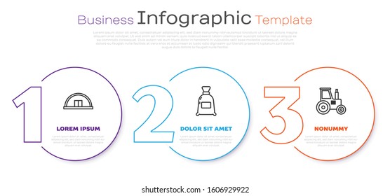 Set line Hangar, Bag of flour and Tractor. Business infographic template. Vector