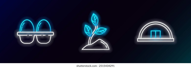 Set line Hangar, Chicken egg in box and Sprout icon. Glowing neon. Vector