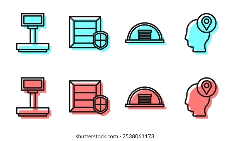 Set line Hangar, Escala, Delivery pack seguridad con escudo y Delivery man con icono de cajas de cartón. Vector