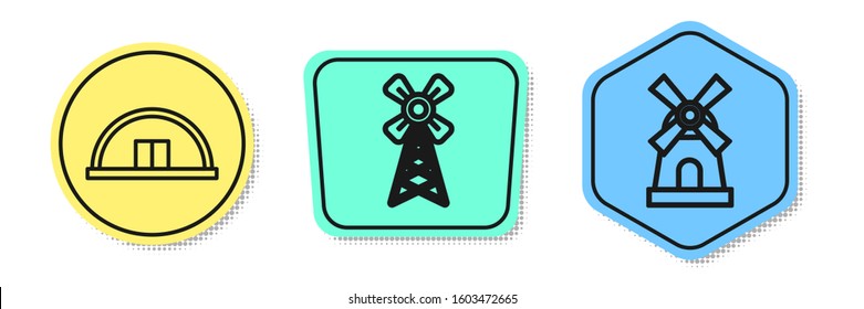 Set line Hangar, Windmill and Windmill. Colored shapes. Vector