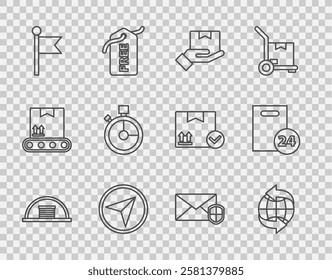 Set line Hangar, Worldwide, Delivery hand with boxes, Infographic of city map navigation, Location marker, Fast time delivery, Envelope shield and cardboard icon. Vector