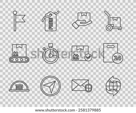 Set line Hangar, Worldwide, Delivery hand with boxes, Infographic of city map navigation, Location marker, Fast time delivery, Envelope shield and cardboard icon. Vector