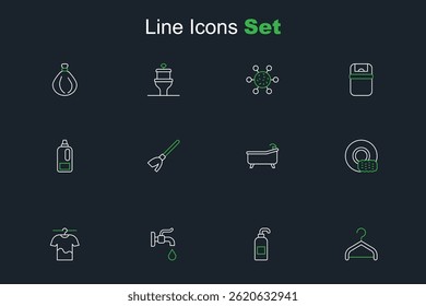 Set line Hanger wardrobe, Antibacterial soap, Water tap, Drying clothes, Washing dishes, Bathtub, Handle broom and Bottle for detergent icon. Vector