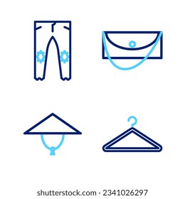 Set line Hanger wardrobe, Asian conical hat, Clutch bag and Pants icon. Vector