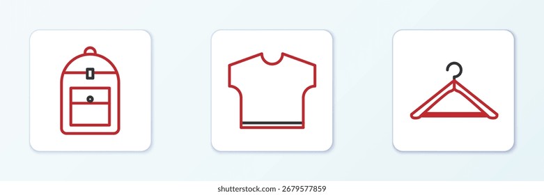 Definir linha Guarda-roupa, Mochila e ícone de camiseta. Vetor