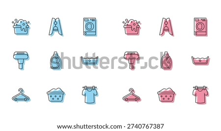 Set line Hanger wardrobe, Basin with soap suds, Drying clothes, Bottle for cleaning agent, Temperature wash, Garment steamer and Clothes pin icon. Vector