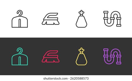 Set line Hanger wardrobe, Brush for cleaning, Garbage bag and Industry metallic pipe on black and white. Vector