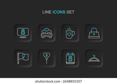 Set line Hanger guarda-roupa, Calendário com 8 março, Balões, Feminista ativista, Bolsa, Copo de café coração, Quarto e ícone. Vetor