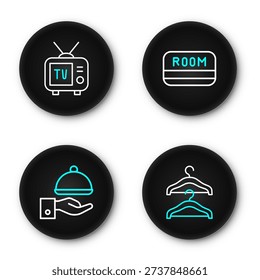 Set line Hanger wardrobe, Covered with tray, Hotel key card and Retro tv icon. Vector