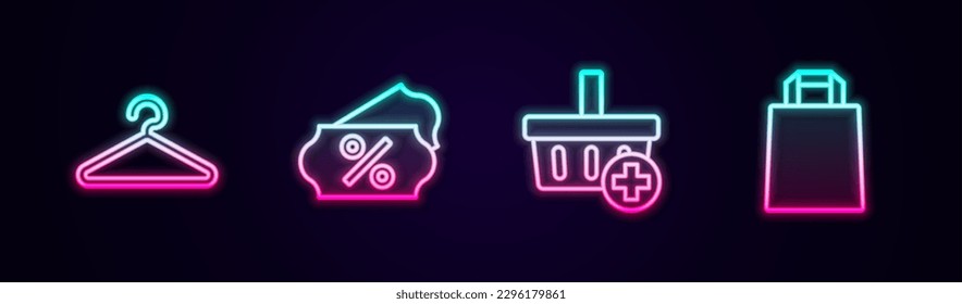 Set line Hanger wardrobe, Discount percent tag, Add to Shopping basket and Paper shopping bag. Glowing neon icon. Vector