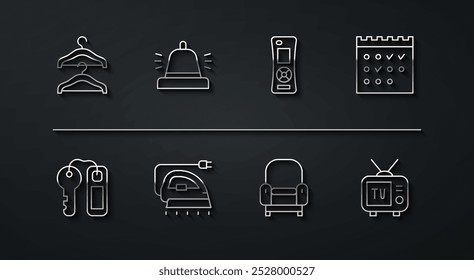 Set line Hanger armario, llave de la cerradura de la puerta del hotel, calendario de reservas, sillón, plancha eléctrica, campana de servicio, TV retro y el icono de control remoto. Vector